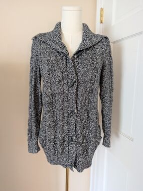 Cable Knit Hooded Toggle Cardigan Sweater Marled Black White Cotton S/M